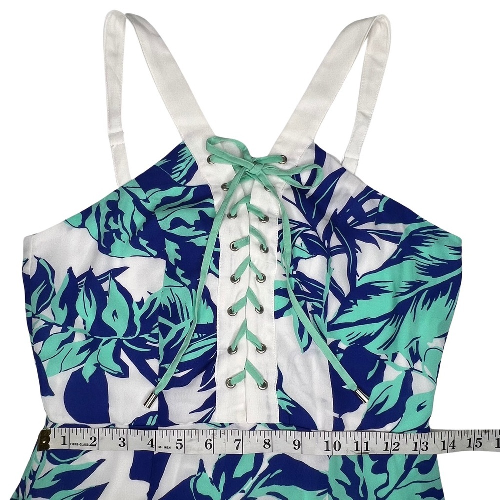 Jealous Tomato Tropical Palm Leaf Lace Up Bodice Dress White Aqua Blue Small S - Picture 13 of 17